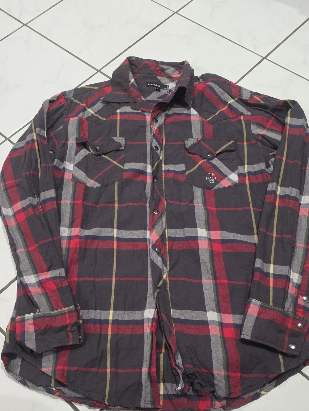 Tin Haul Charcoal, Red & Navy Plaid Button Shirt